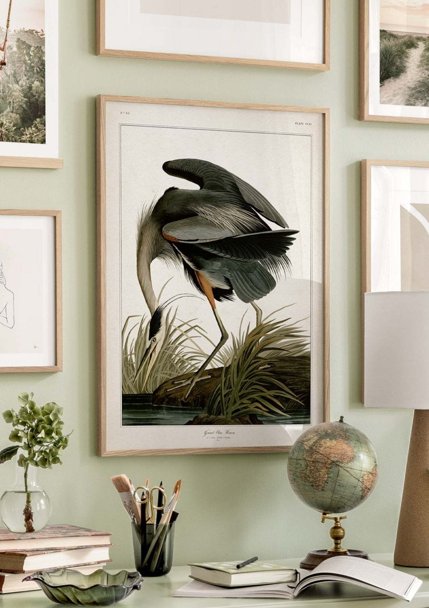 Watercolor great blue heron poster for nursery and home wall decor.