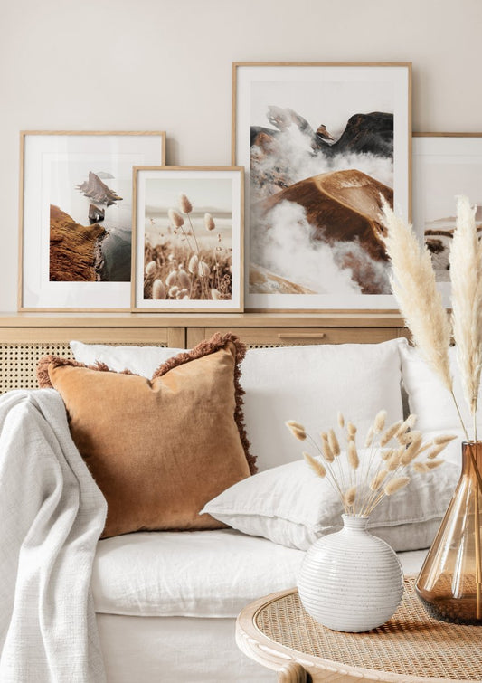 Watercolor cloudy mountain poster for nursery and home wall decor.