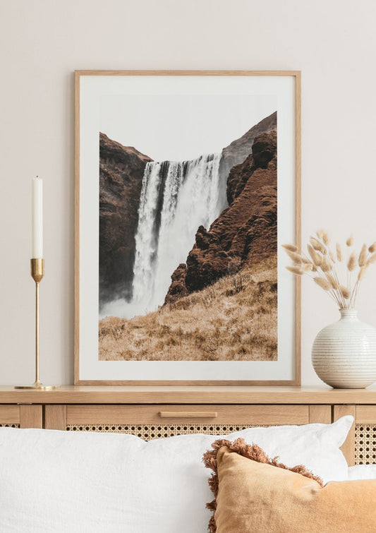Watercolor skogafoss waterfall poster for nursery and home wall decor.
