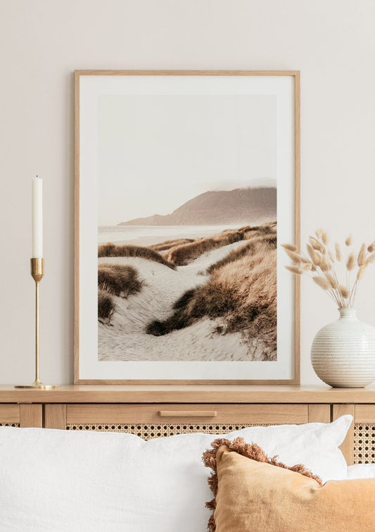Watercolor beach sand dunes poster for nursery and home wall decor.