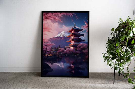 pagoda Japan Fuji Cherry Asian Style Poster | Wall Art for Home & Office | High-Quality Print