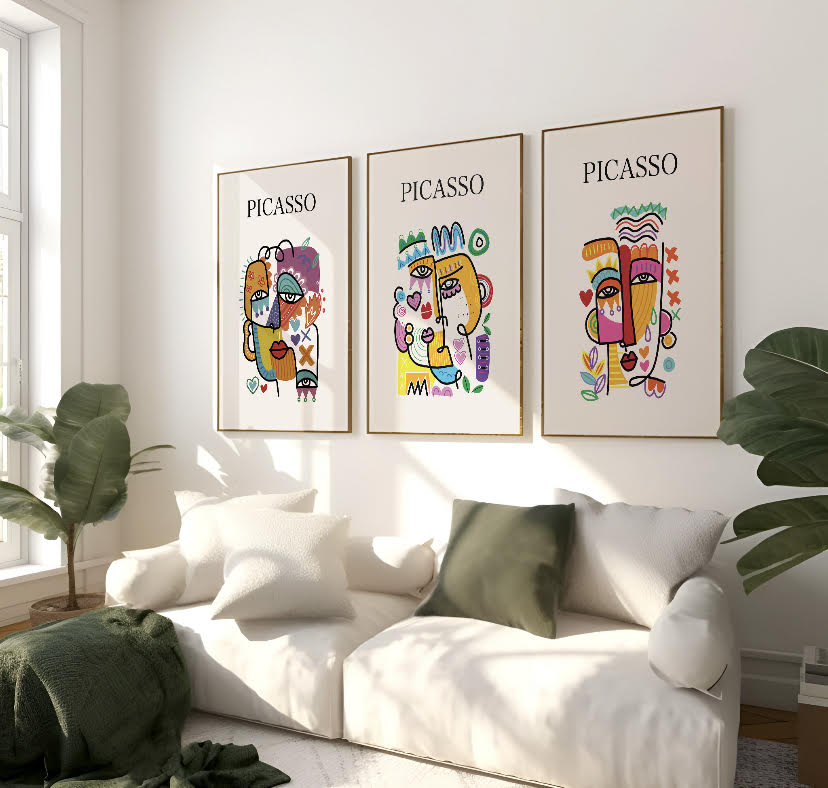 Trio of Colorful Abstract Face Prints Inspired by Picasso