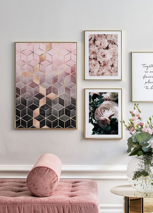 Watercolor pink grey gradient cubes poster for nursery and home wall decor.