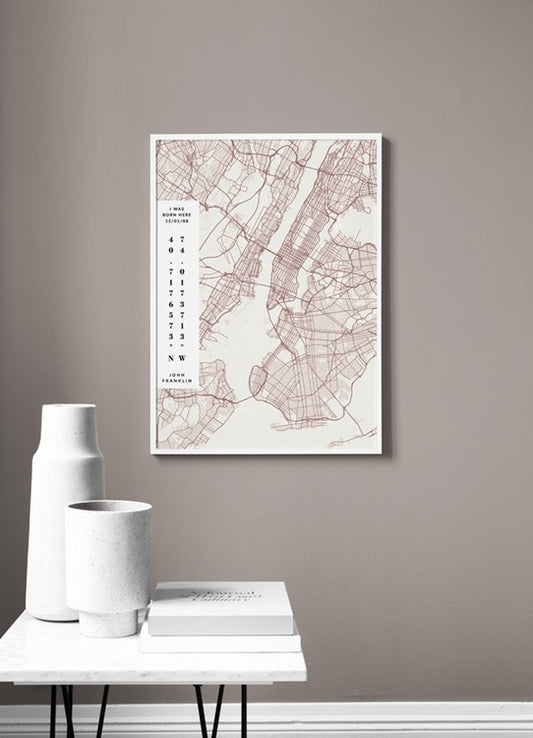 Watercolor map no2 day pink personal poster for nursery and home wall decor.