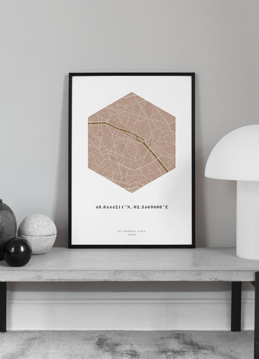 Watercolor hexagon map pink mustard personal poster for nursery and home wall decor.
