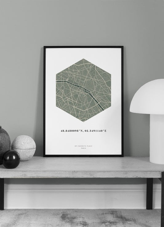Watercolor hexagon map moss personal poster for nursery and home wall decor.