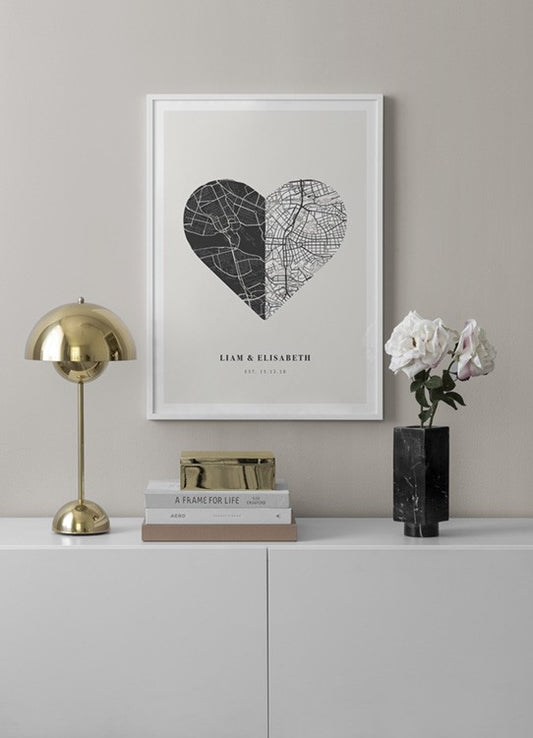 Watercolor love map night and day personal poster for nursery and home wall decor.