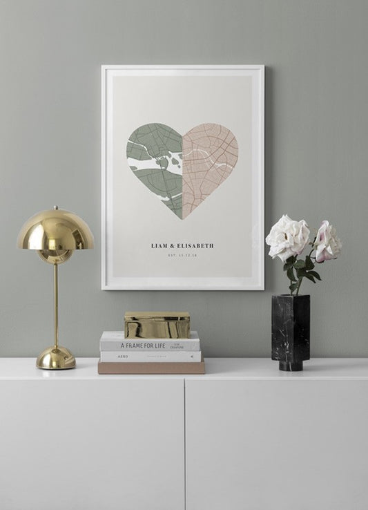 Watercolor love map dusty personal poster for nursery and home wall decor.