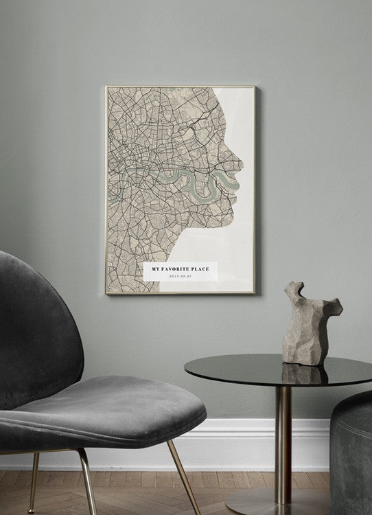 Watercolor silhouette map vintage green personal poster for nursery and home wall decor.