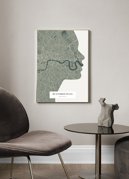 Watercolor silhouette map moss personal poster for nursery and home wall decor.