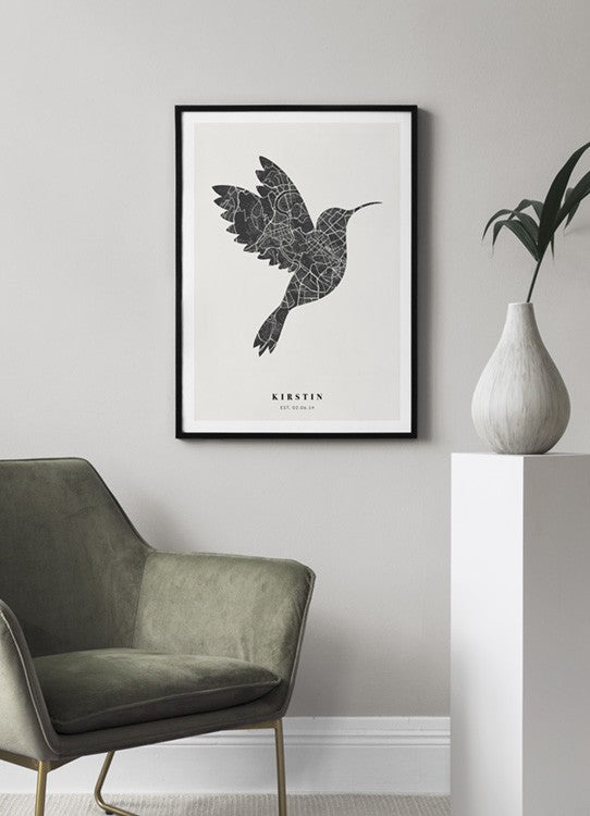 Watercolor bird map night personal poster for nursery and home wall decor.