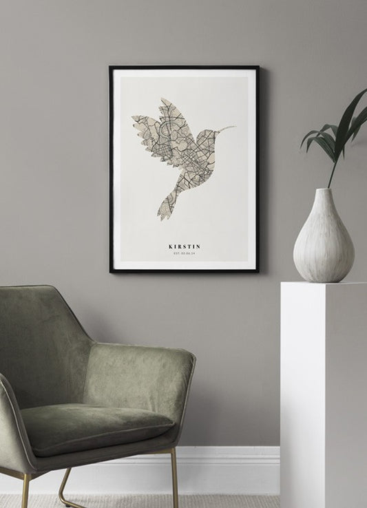 Watercolor bird map vintage green personal poster for nursery and home wall decor.