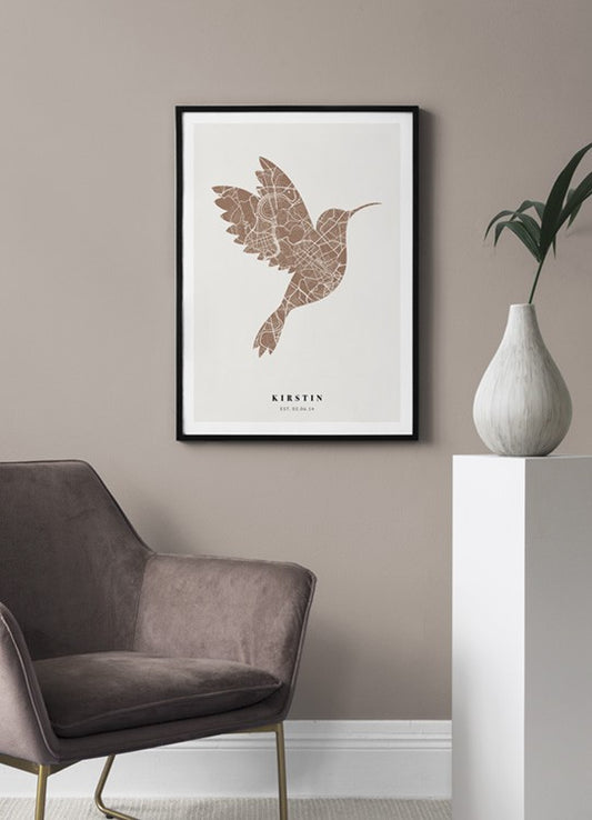 Watercolor bird map rusty pink personal poster for nursery and home wall decor.
