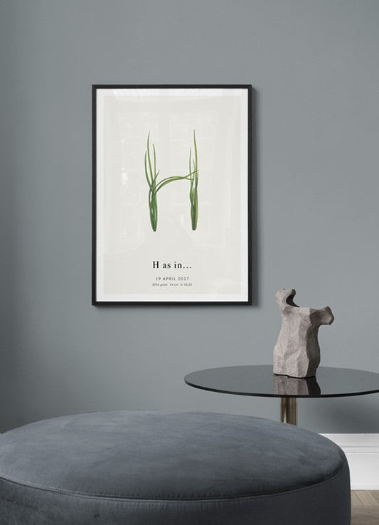 Watercolor botanic letter h personal poster for nursery and home wall decor.
