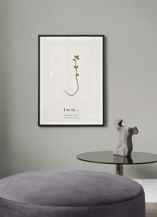 Watercolor botanic letter j personal poster for nursery and home wall decor.