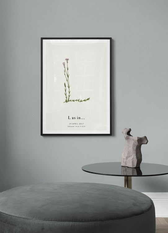 Watercolor botanic letter l personal poster for nursery and home wall decor.