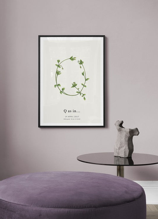 Watercolor botanic letter q personal poster for nursery and home wall decor.