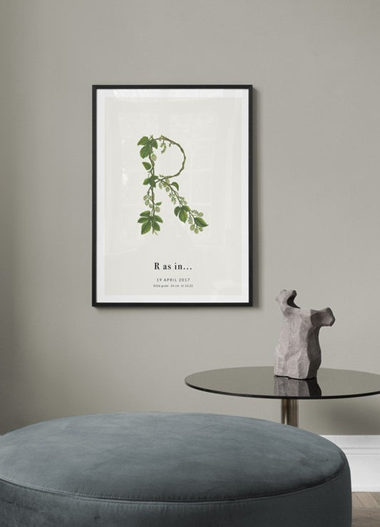 Watercolor botanic letter r personal poster for nursery and home wall decor.