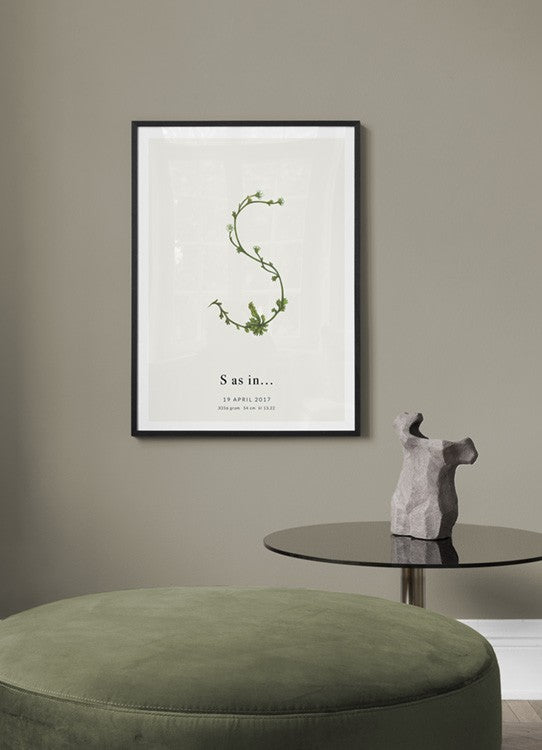 Watercolor botanic letter s personal poster for nursery and home wall decor.