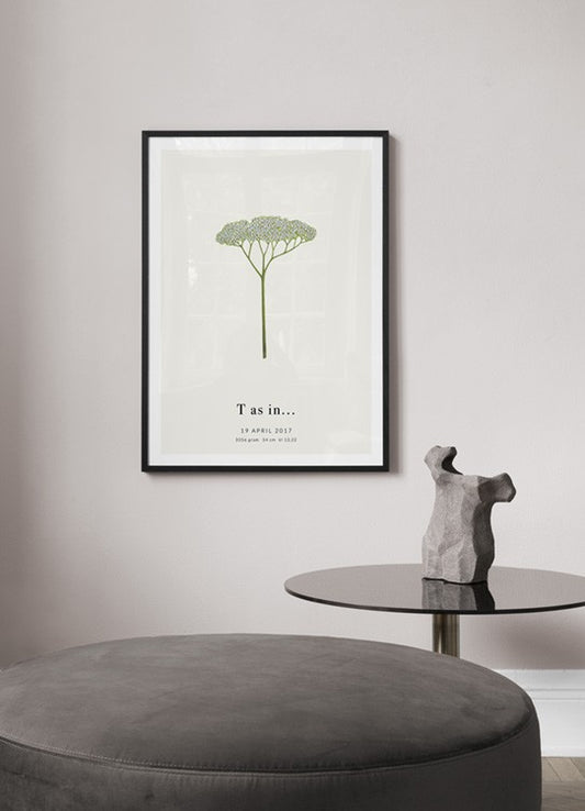 Watercolor botanic letter t personal poster for nursery and home wall decor.