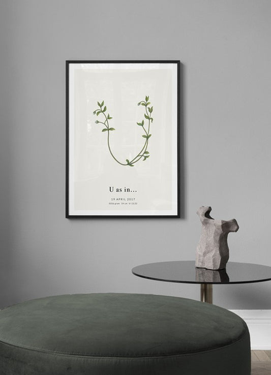 Watercolor botanic letter u personal poster for nursery and home wall decor.
