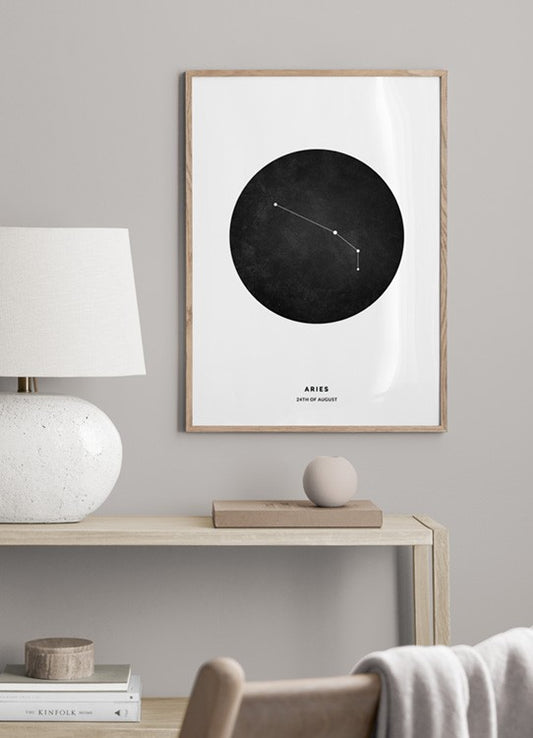 Watercolor star sign black aries personal poster for nursery and home wall decor.