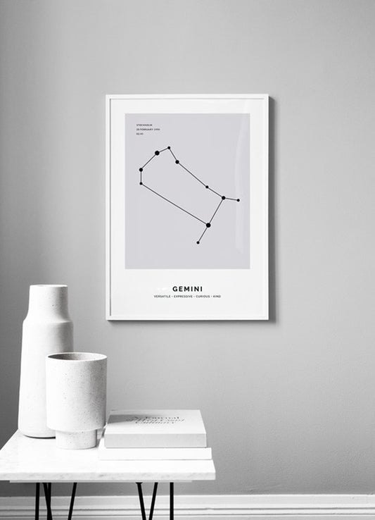 Watercolor constellation grey gemini personal poster for nursery and home wall decor.