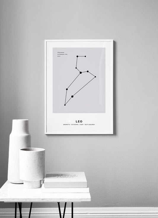 Watercolor constellation grey leo personal poster for nursery and home wall decor.