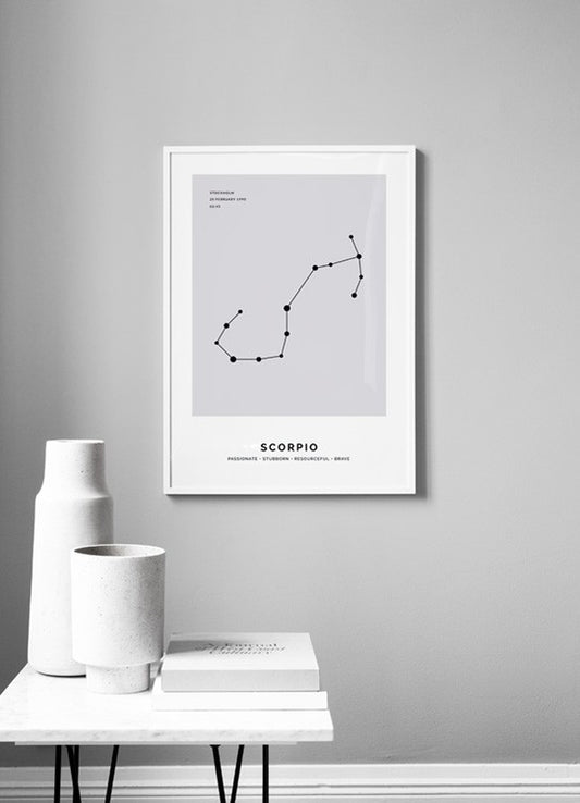 Watercolor constellation grey scorpio personal poster for nursery and home wall decor.