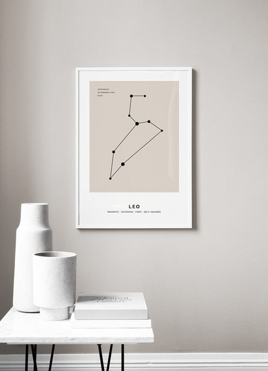 Watercolor constellation beige leo personal poster for nursery and home wall decor.