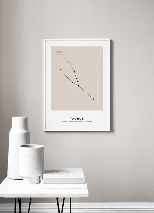 Watercolor constellation beige taurus personal poster for nursery and home wall decor.