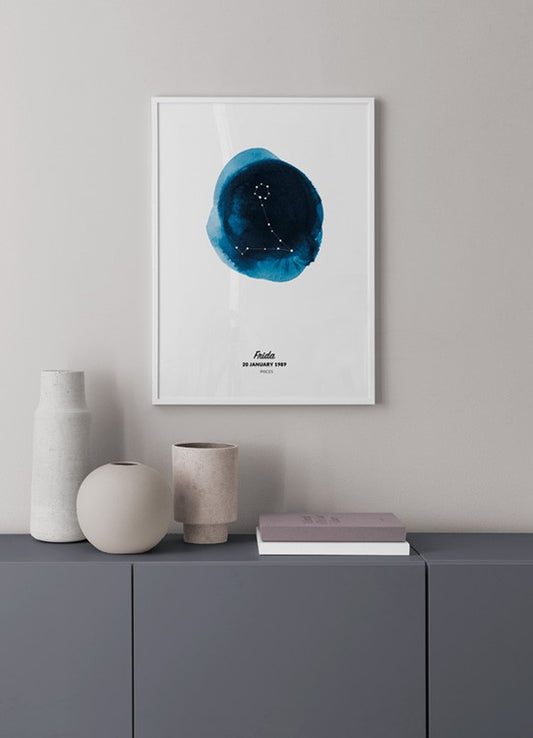 Watercolor zodiac sign pisces personal poster for nursery and home wall decor.