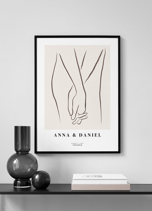 Watercolor holding hands personal poster for nursery and home wall decor.