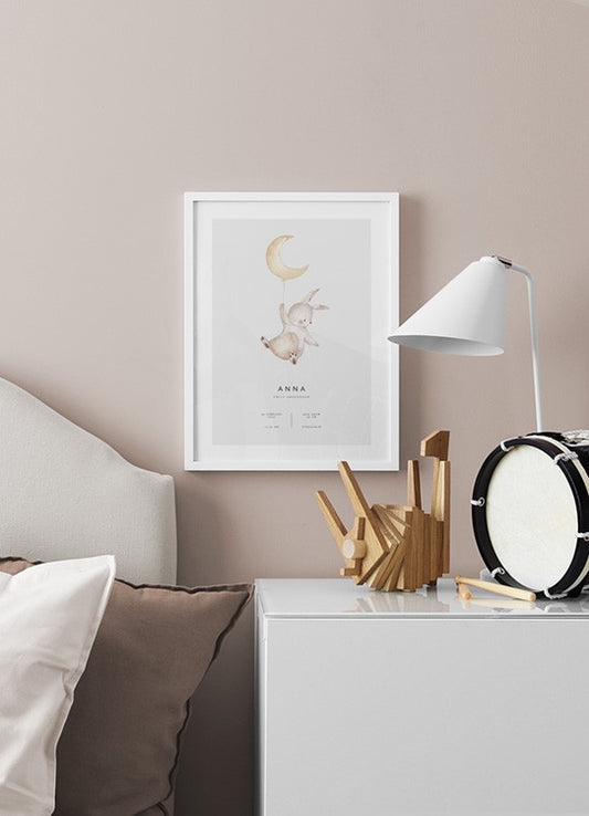 Watercolor flying bunny personal poster for nursery and home wall decor.