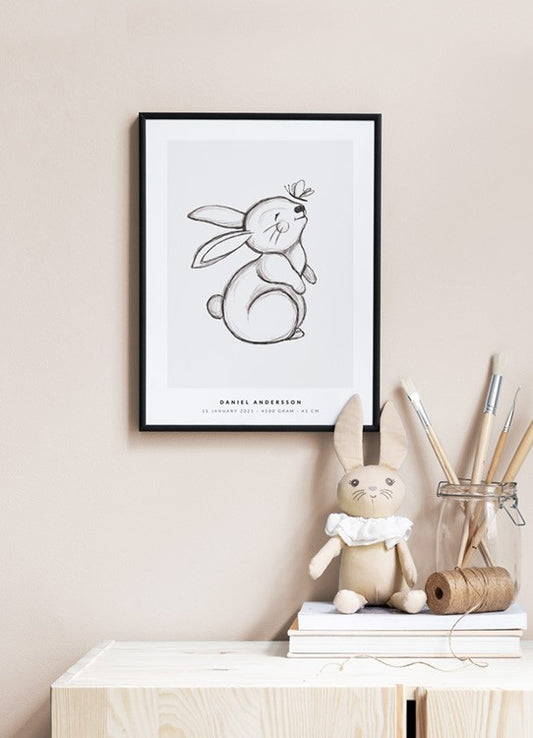 Watercolor bunny personal poster for nursery and home wall decor.