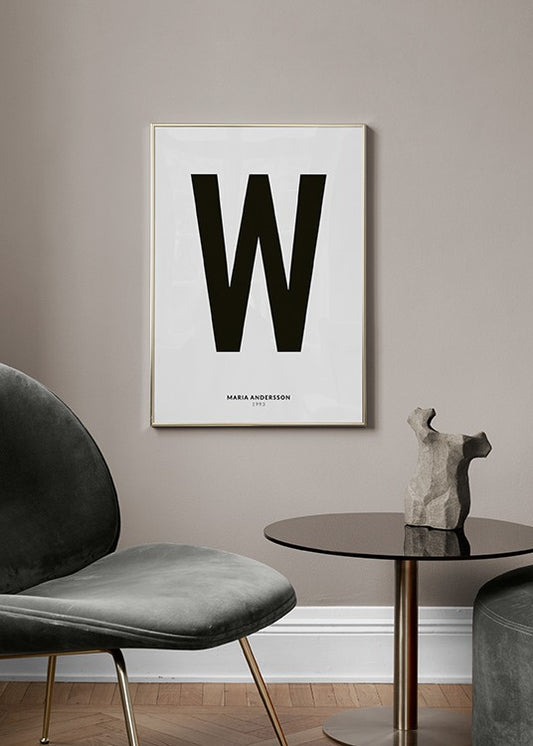 Watercolor my letter w personal poster for nursery and home wall decor.