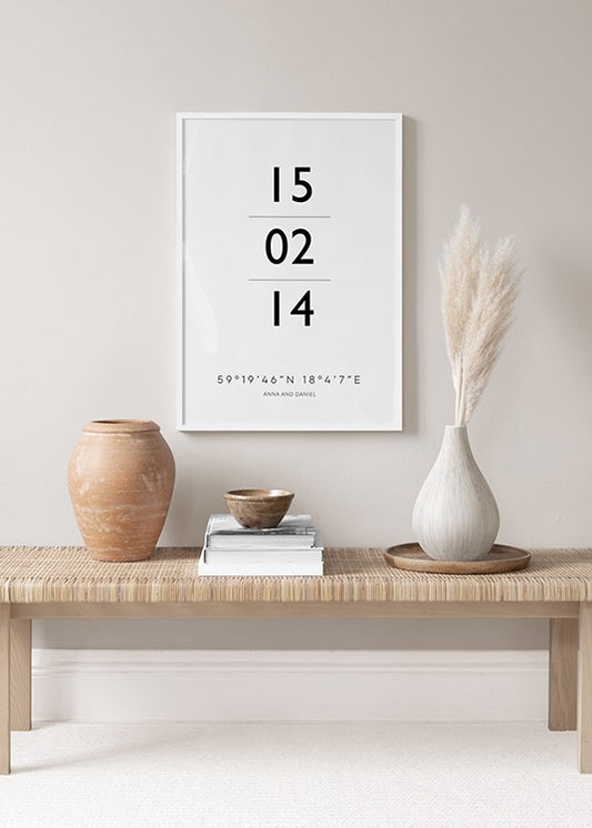 Watercolor the date white personal poster for nursery and home wall decor.