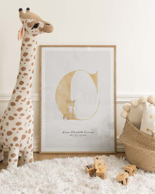 Watercolor kids letter c personal poster for nursery and home wall decor.