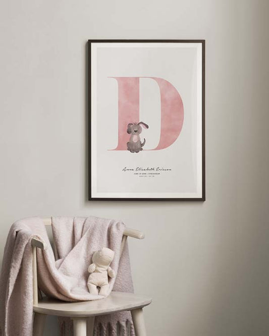 Watercolor kids letter d personal poster for nursery and home wall decor.