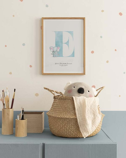 Watercolor kids letter e personal poster for nursery and home wall decor.