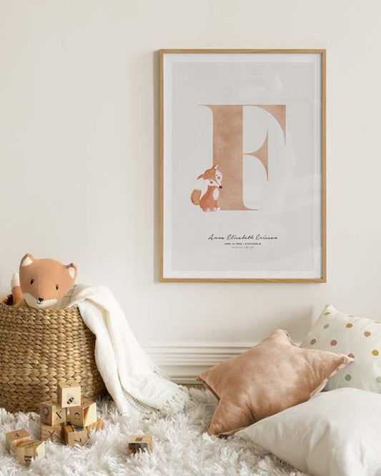 Watercolor kids letter f personal poster for nursery and home wall decor.