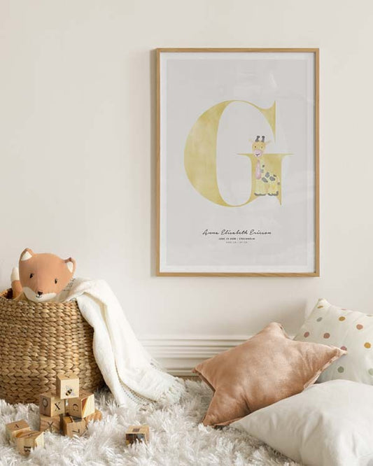 Watercolor kids letter g personal poster for nursery and home wall decor.