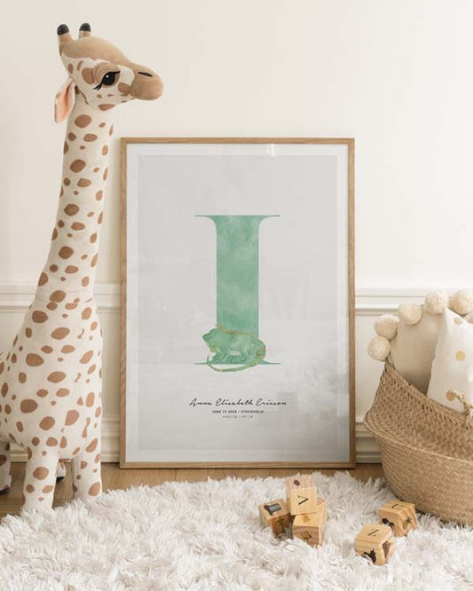 Watercolor kids letter i personal poster for nursery and home wall decor.