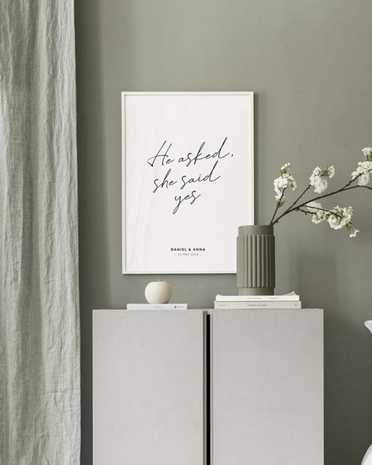 Watercolor he asked, she said yes personal poster for nursery and home wall decor.
