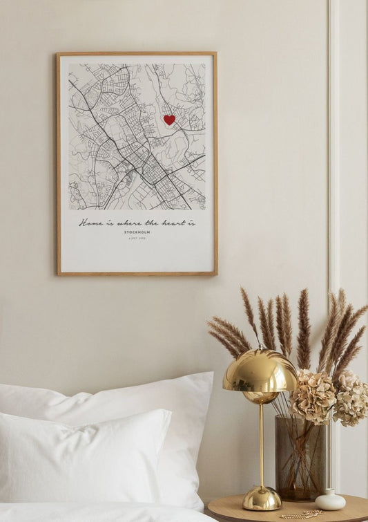 Watercolor heart on map personal poster for nursery and home wall decor.