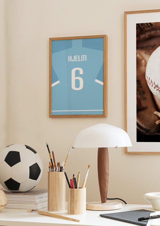 Watercolor football shirt no6 personal poster for nursery and home wall decor.