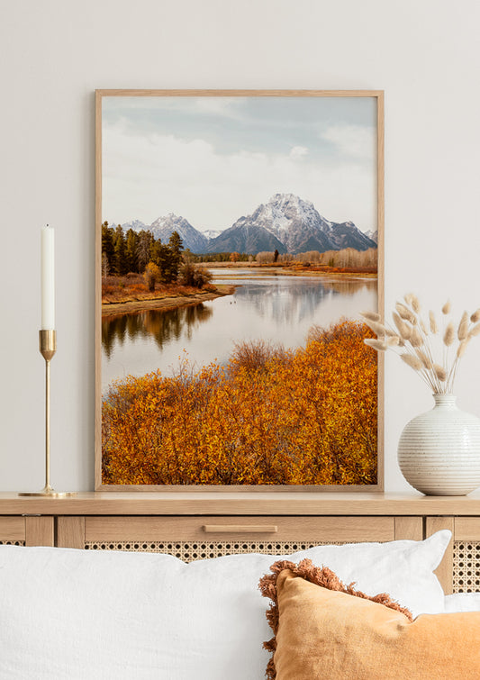 Watercolor oxbow bend poster for nursery and home wall decor.