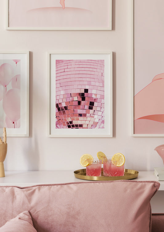 Watercolor pink disco poster for nursery and home wall decor.