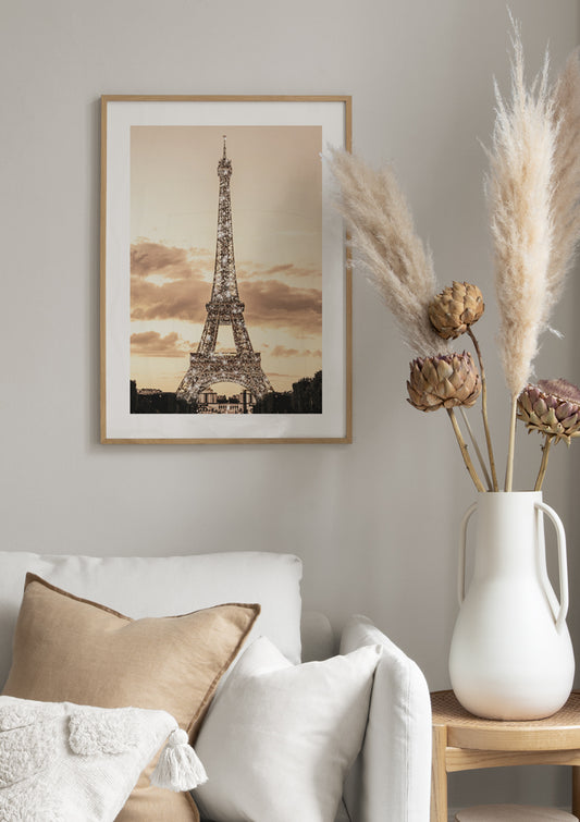 Watercolor glittery eiffel tower poster for nursery and home wall decor.