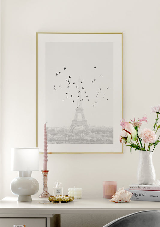 Watercolor birds in paris poster for nursery and home wall decor.